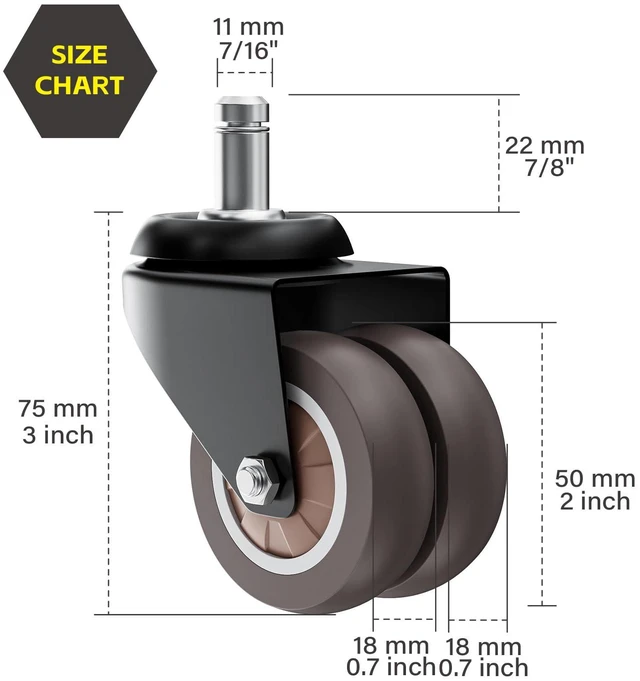 Alt view image 2 of 6 - 2" Dual Wheel Chair Casters Set of 30 - Heavy Duty Grey Soft polyurethane protects hardwood/tile. Smooth, quiet rolling. Universal 7/16" stem. Steel resists rust. Not for IKEA