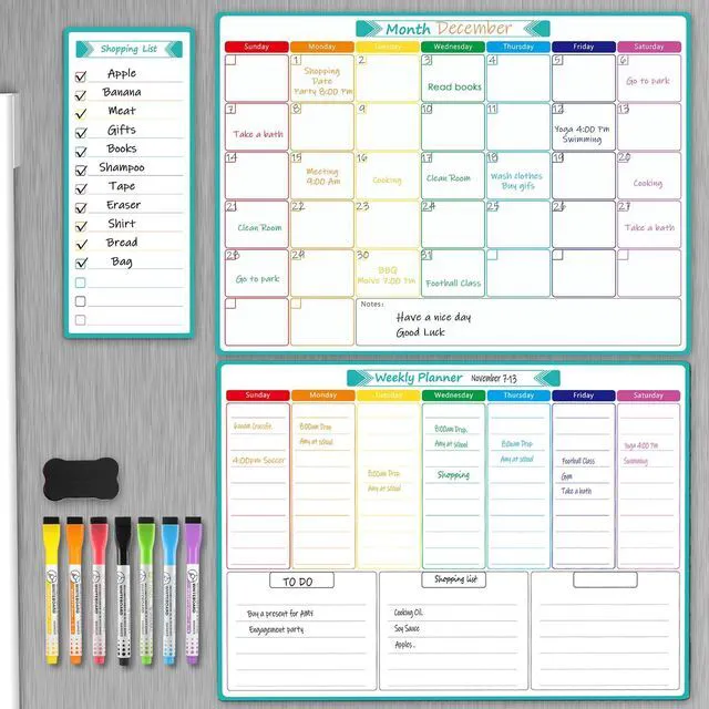 Main image of Magnetic Fridge Calendar Whiteboard, 16" x 12", Weekly and Monthly Strong Magnetic Backing, Easy to Write and Clean, Dry Erase Surface and Stain Resistant with 7 Markers,1 Eraser and 1 List