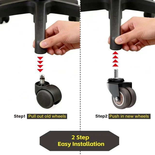 Alt view image 3 of 6 - 2" Dual Wheel Chair Casters Set of 30 - Heavy Duty Grey Soft polyurethane protects hardwood/tile. Smooth, quiet rolling. Universal 7/16" stem. Steel resists rust. Not for IKEA