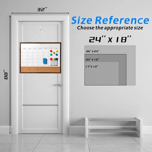 Alt view image 7 of 7 - Dry Erase Calendar Whiteboard, 24" x 18" Magnetic Whiteboard Cork Board Combo, Reusable Monthly Planner with 8 Markers, Eraser, Magnets and Pushpins, Hanging Dry Erase Board for Home, School - Brown