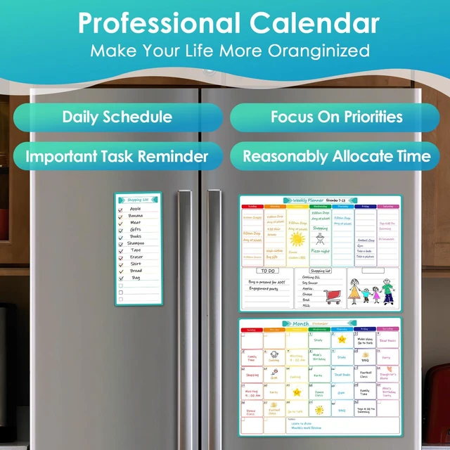 Alt view image 4 of 7 - Magnetic Fridge Calendar Whiteboard, 16" x 12", Weekly and Monthly Strong Magnetic Backing, Easy to Write and Clean, Dry Erase Surface and Stain Resistant with 7 Markers,1 Eraser and 1 List