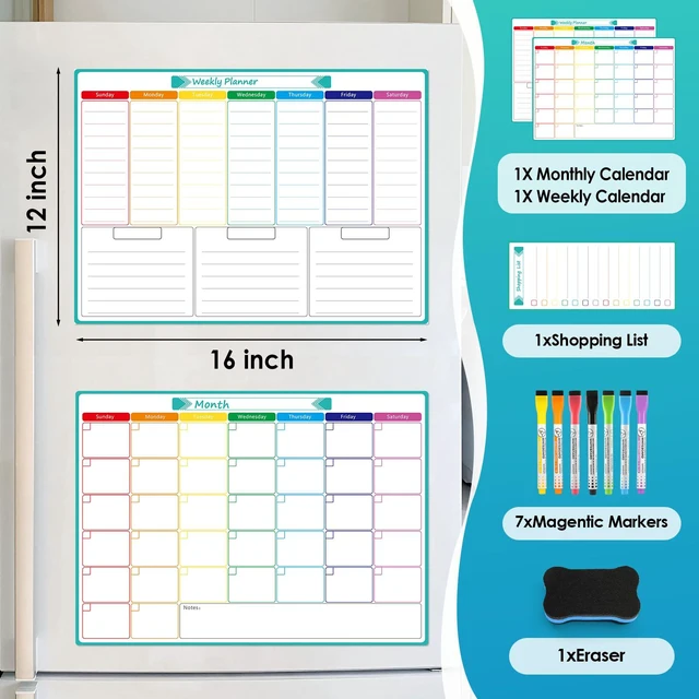 Alt view image 5 of 7 - Magnetic Fridge Calendar Whiteboard, 16" x 12", Weekly and Monthly Strong Magnetic Backing, Easy to Write and Clean, Dry Erase Surface and Stain Resistant with 7 Markers,1 Eraser and 1 List