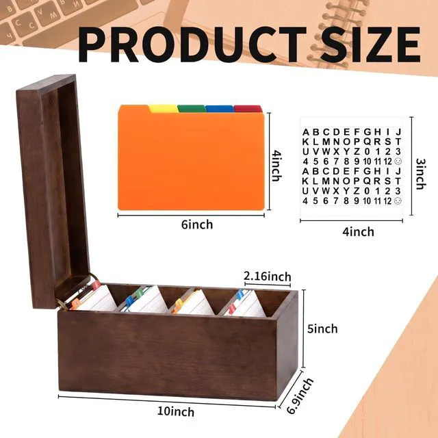 Alt view image 2 of 7 - 4 x 6 Inches Index Card Holder Set, Bamboo Organizer Box, Brown Holds 1200 Cards with 50 Index Card Organizer Dividers & 2 Sheets Alphabet Number Stickers for Office Home Kitchen Filing