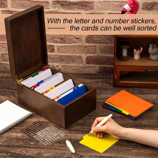Alt view image 3 of 7 - 4 x 6 Inches Index Card Holder Set, Bamboo Organizer Box, Brown Holds 1200 Cards with 50 Index Card Organizer Dividers & 2 Sheets Alphabet Number Stickers for Office Home Kitchen Filing