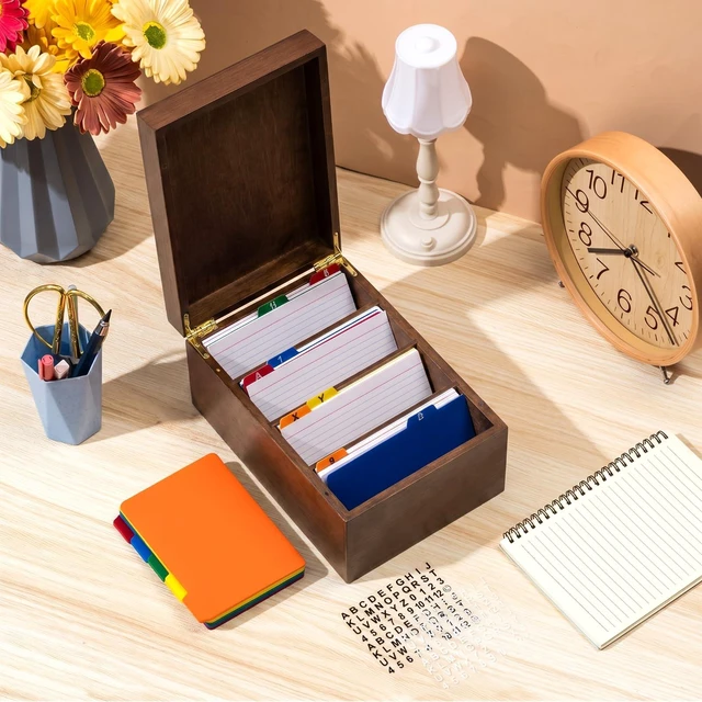 Alt view image 7 of 7 - 4 x 6 Inches Index Card Holder Set, Bamboo Organizer Box, Brown Holds 1200 Cards with 50 Index Card Organizer Dividers & 2 Sheets Alphabet Number Stickers for Office Home Kitchen Filing