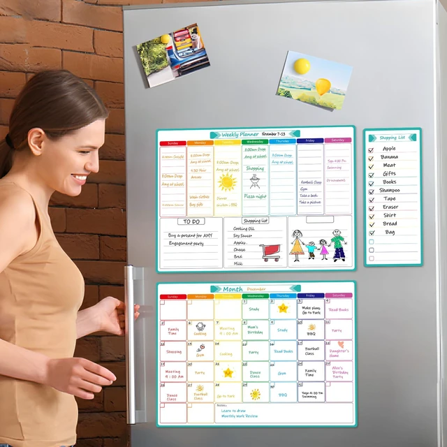Alt view image 7 of 7 - Magnetic Fridge Calendar Whiteboard, 16" x 12", Weekly and Monthly Strong Magnetic Backing, Easy to Write and Clean, Dry Erase Surface and Stain Resistant with 7 Markers,1 Eraser and 1 List