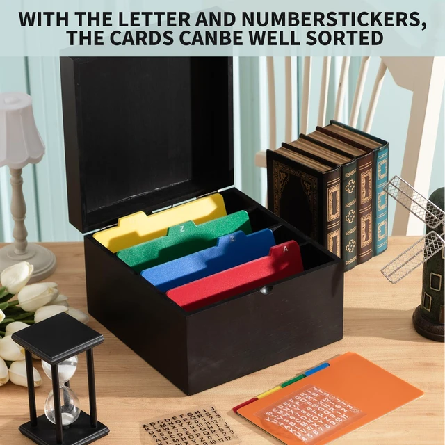 Alt view image 5 of 6 - 5 x 8 Inches Index Card Holder Set, Bamboo Organizer Box, Black Holds 1200 Cards with 50 Index Card Organizer Dividers & 2 Sheets Alphabet Number Stickers for Office Home Kitchen Filing