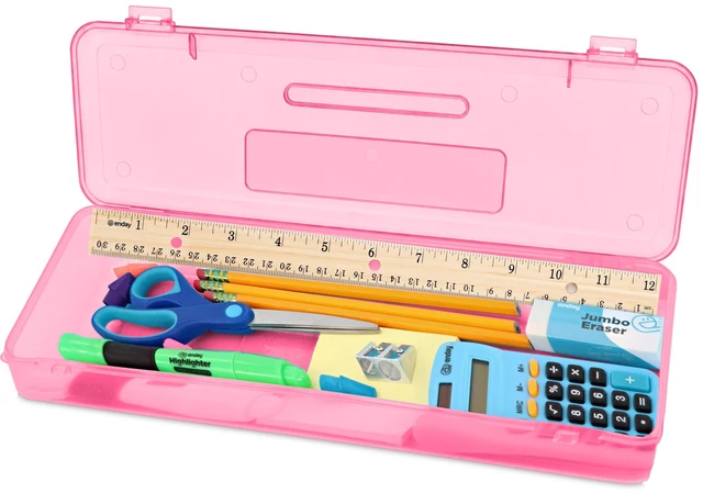 Main image of Pencil Box Pink, Storage Organizer Utility Box, Multipurpose Long Ruler Length School Office Supplies Plastic Pencil Case for Kids & Adults Available in Red, Green, Grey, Purple, Blue, 1PK