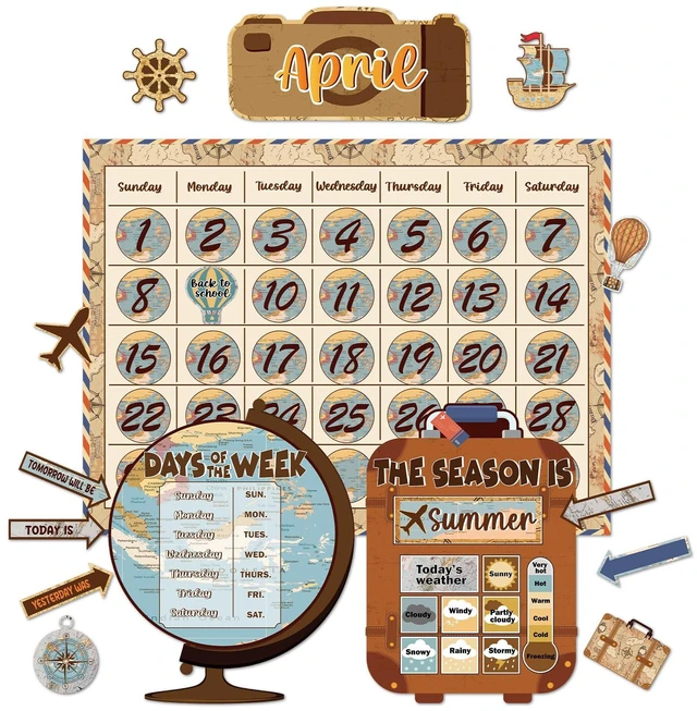 Main image of Travel the Map Calendar Bulletin Board Set for Classroom Decoration Adventure Calendar Seasons Weather Chart Explore CTP Bulletin Board Paper-Cuts for Teachers Elementary School Classroom