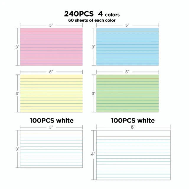 Alt view image 2 of 3 - Colored Index Cards - 3"x5" & 4"x6" Mixed, 6 Pack, Ruled, Blank on Back, Made in USA