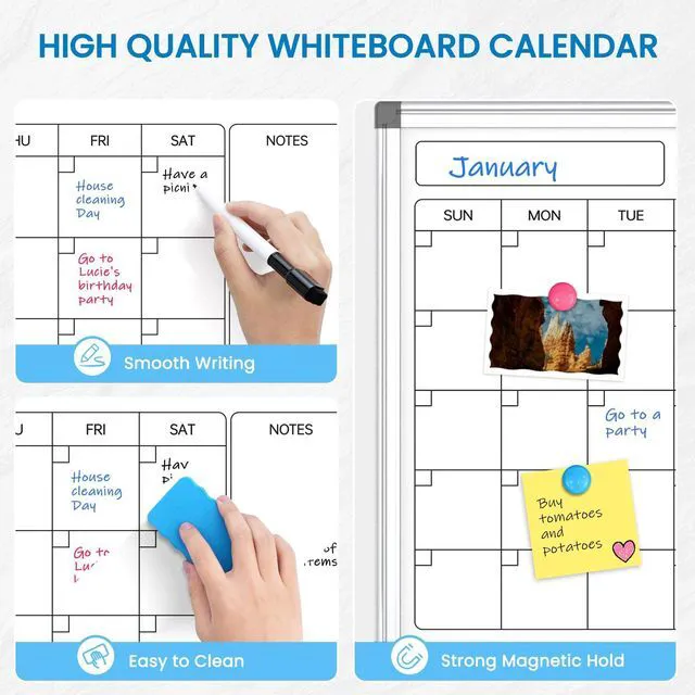 Alt view image 4 of 7 - Calendar Whiteboard 24x18 Double-Sided Dry Erase Board for Wall Monthly Magnetic Calendar, 11-Layer, Wall Mount Hanging, Office Home School, Easy Clean Aluminum Frame, Full Accessories
