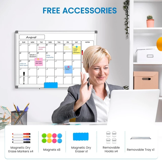 Alt view image 5 of 7 - Calendar Whiteboard 24x18 Double-Sided Dry Erase Board for Wall Monthly Magnetic Calendar, 11-Layer, Wall Mount Hanging, Office Home School, Easy Clean Aluminum Frame, Full Accessories