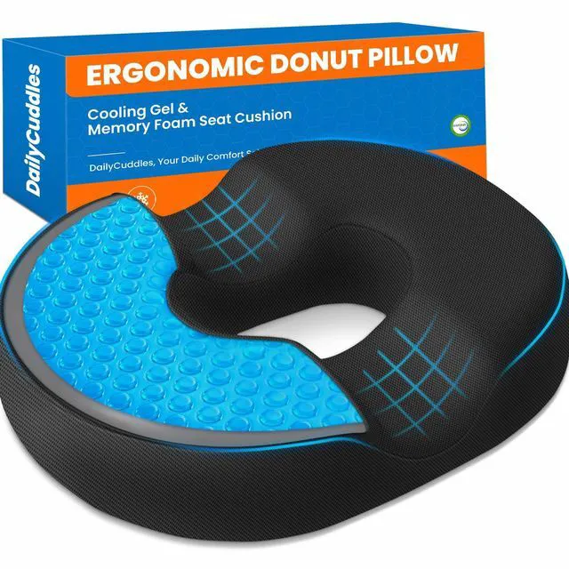 Main image of Donut Pillow Cooling Gel Memory Foam Cushion, XL, Black Relief for Tailbone Pain Hemorrhoids Pregnancy Sciatica, Machine Washable Cover, Non-Slip Base, Office Wheelchair
