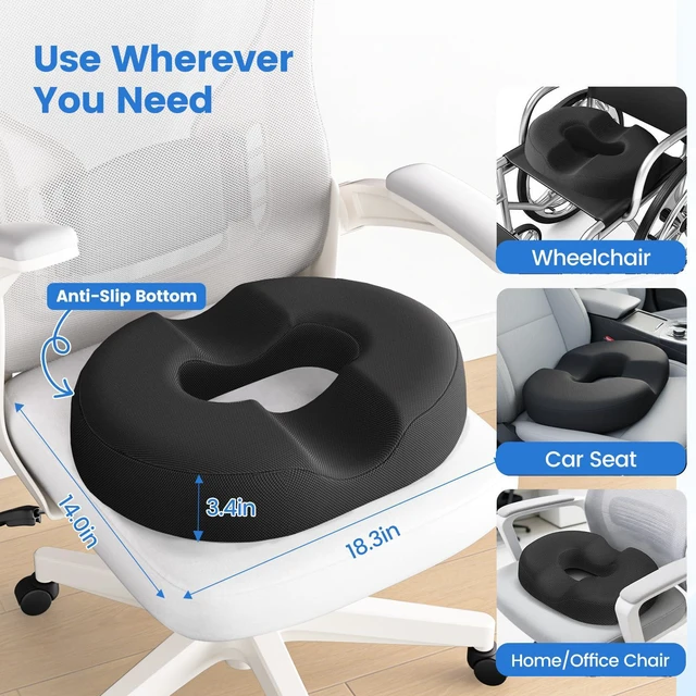 Alt view image 6 of 7 - Donut Pillow Cooling Gel Memory Foam Cushion, XL, Black Relief for Tailbone Pain Hemorrhoids Pregnancy Sciatica, Machine Washable Cover, Non-Slip Base, Office Wheelchair