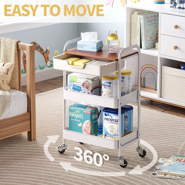 Alt view image 2 of 7 - 3 Tier Rolling Cart with Drawer, Metal Utility Storage Cart, White | Wooden Tabletop, Lockable Metal Wheels, Trolley Organizer for Bathroom, Kitchen, Office, Nursery, Dorm, Laundry, Craft Room