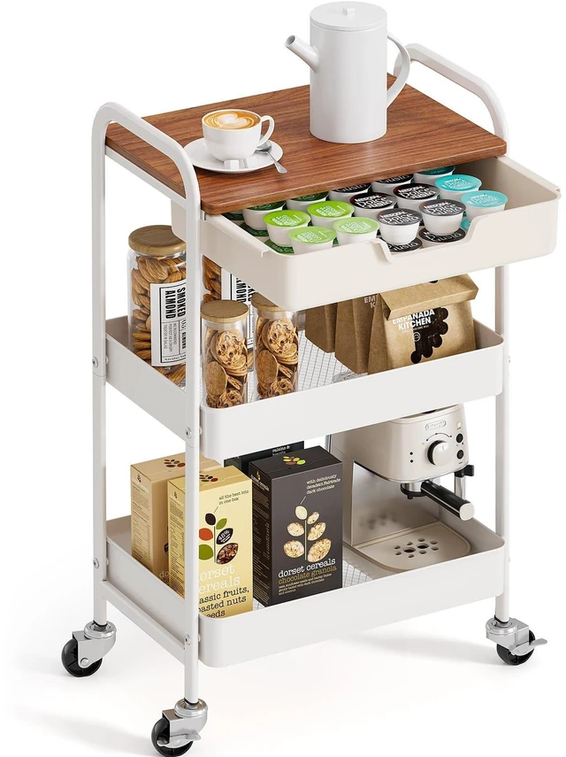 Main image of 3 Tier Rolling Cart with Drawer, Metal Utility Storage Cart, White | Wooden Tabletop, Lockable Metal Wheels, Trolley Organizer for Bathroom, Kitchen, Office, Nursery, Dorm, Laundry, Craft Room