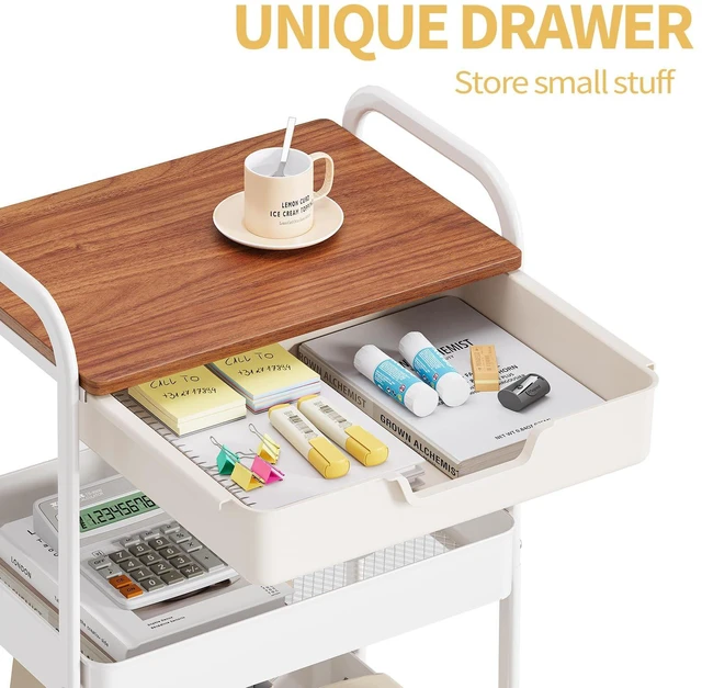 Alt view image 3 of 7 - 3 Tier Rolling Cart with Drawer, Metal Utility Storage Cart, White | Wooden Tabletop, Lockable Metal Wheels, Trolley Organizer for Bathroom, Kitchen, Office, Nursery, Dorm, Laundry, Craft Room