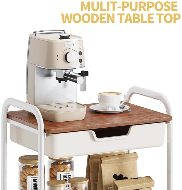 Alt view image 4 of 7 - 3 Tier Rolling Cart with Drawer, Metal Utility Storage Cart, White | Wooden Tabletop, Lockable Metal Wheels, Trolley Organizer for Bathroom, Kitchen, Office, Nursery, Dorm, Laundry, Craft Room