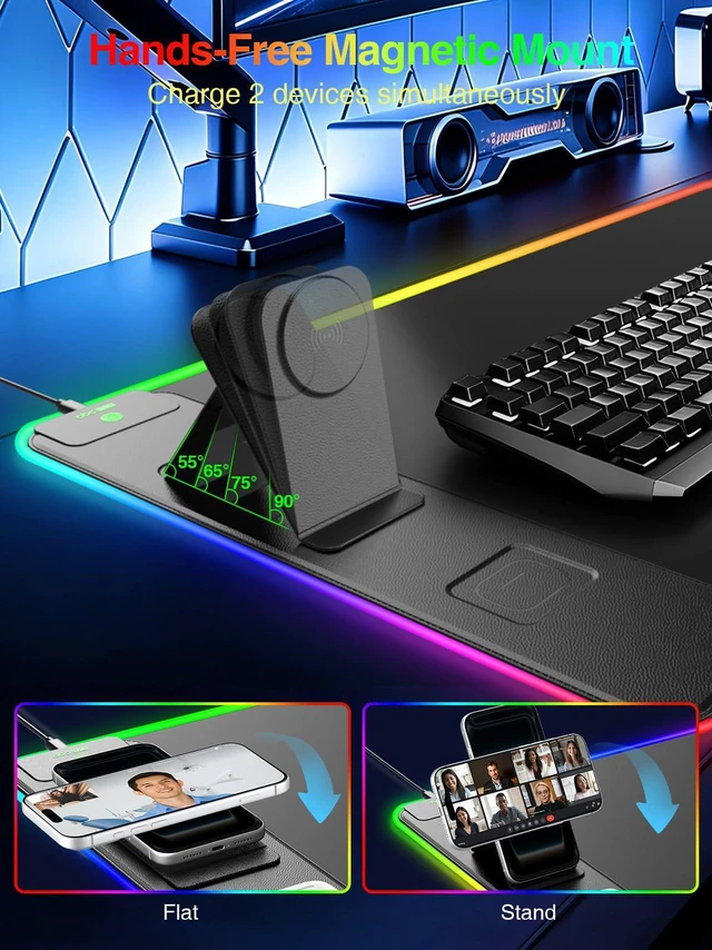 Alt view image 3 of 7 - Wireless Charging Mouse Pad with Magnetic Phone Stand, 31.5"x15.8" Large Gaming Mousepad RGB Desk Mat, Smooth Glide, Stitched Edge, Non-Slip Rubber Base, Waterproof Keyboard Mat, with Adatper
