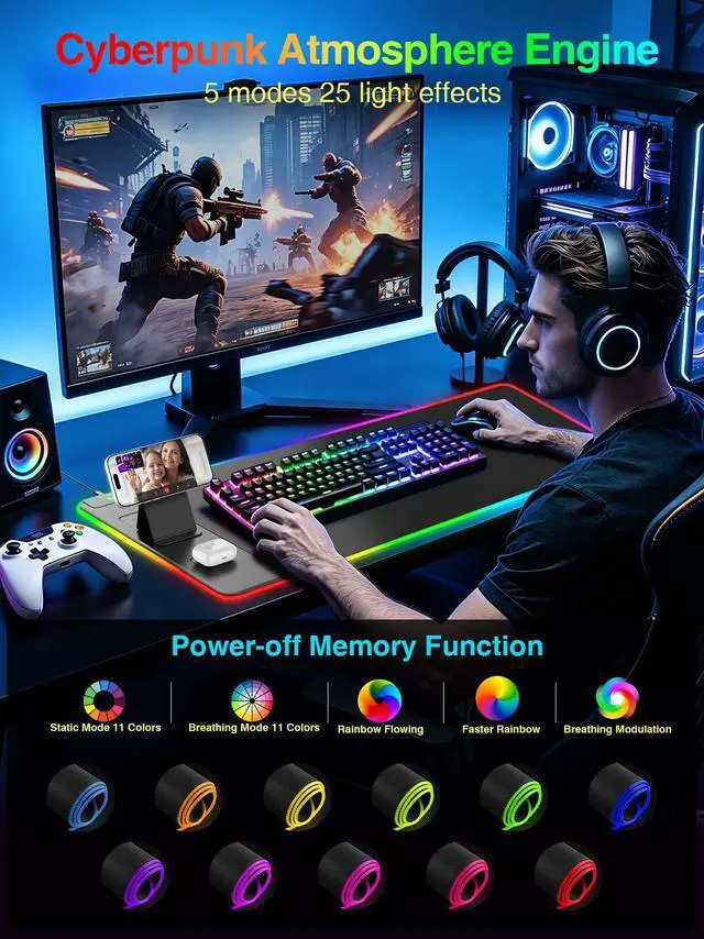 Alt view image 4 of 7 - Wireless Charging Mouse Pad with Magnetic Phone Stand, 31.5"x15.8" Large Gaming Mousepad RGB Desk Mat, Smooth Glide, Stitched Edge, Non-Slip Rubber Base, Waterproof Keyboard Mat, with Adatper