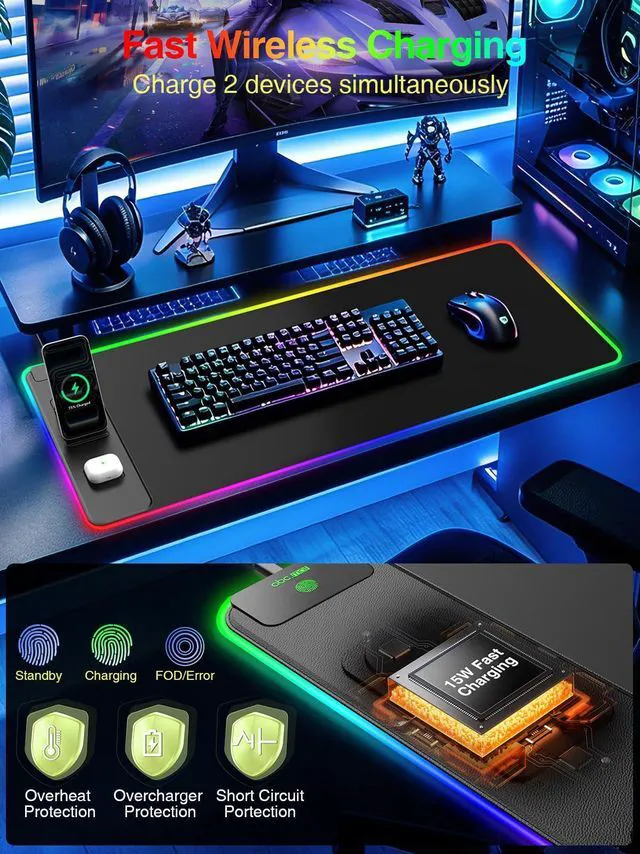 Alt view image 5 of 7 - Wireless Charging Mouse Pad with Magnetic Phone Stand, 31.5"x15.8" Large Gaming Mousepad RGB Desk Mat, Smooth Glide, Stitched Edge, Non-Slip Rubber Base, Waterproof Keyboard Mat, with Adatper