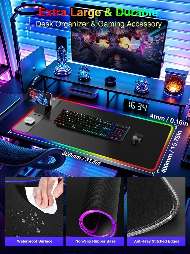 Alt view image 2 of 7 - Wireless Charging Mouse Pad with Magnetic Phone Stand, 31.5"x15.8" Large Gaming Mousepad RGB Desk Mat, Smooth Glide, Stitched Edge, Non-Slip Rubber Base, Waterproof Keyboard Mat, with Adatper