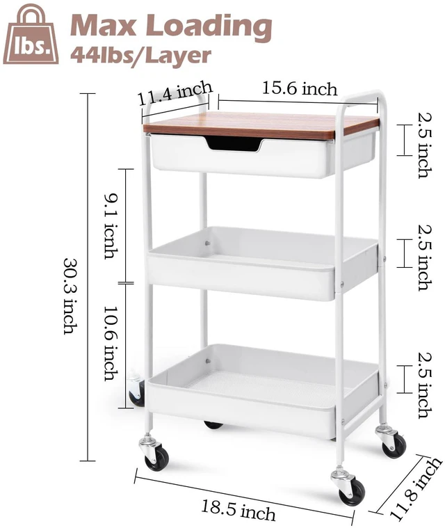 Alt view image 6 of 7 - 3 Tier Rolling Cart with Drawer, Metal Utility Storage Cart, White | Wooden Tabletop, Lockable Metal Wheels, Trolley Organizer for Bathroom, Kitchen, Office, Nursery, Dorm, Laundry, Craft Room