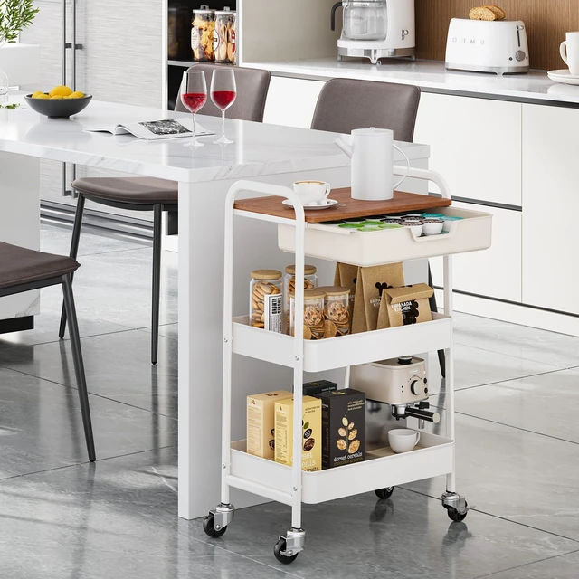 Alt view image 7 of 7 - 3 Tier Rolling Cart with Drawer, Metal Utility Storage Cart, White | Wooden Tabletop, Lockable Metal Wheels, Trolley Organizer for Bathroom, Kitchen, Office, Nursery, Dorm, Laundry, Craft Room