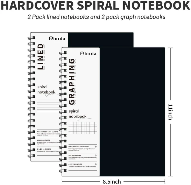 Alt view image 2 of 6 - Spiral Notebook 8.5" x 11"-2 Graph&2 Lined Hardcover notebooks Notebooks for Work&Note Taking, Lined Hardcover Notebook 120 Pages Thick Paper Notebook Hardcover Journal for School, Office