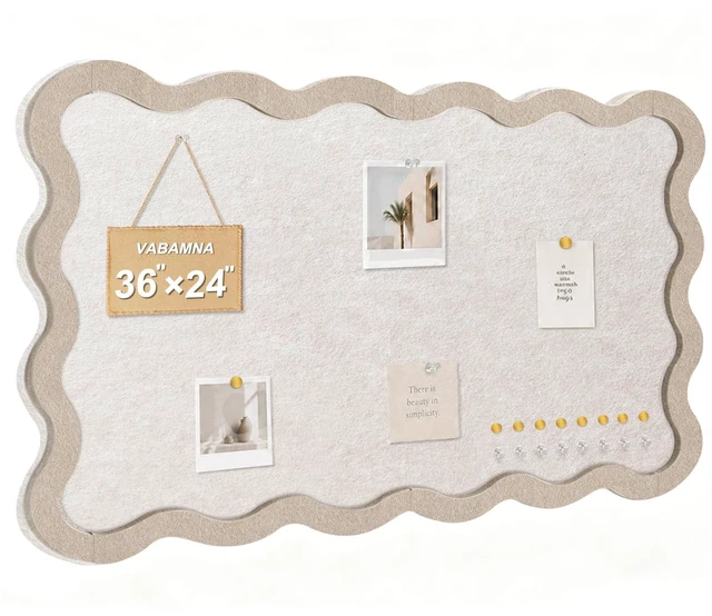 Main image of Scalloped Felt Bulletin Board, 36" x 24" Felt Cork Board Alternative for Wall, Foldable Picture Self-Adhesive Boards with Pins Hooks, Vision Boards for Photo Display School Home Office, Oatmeal