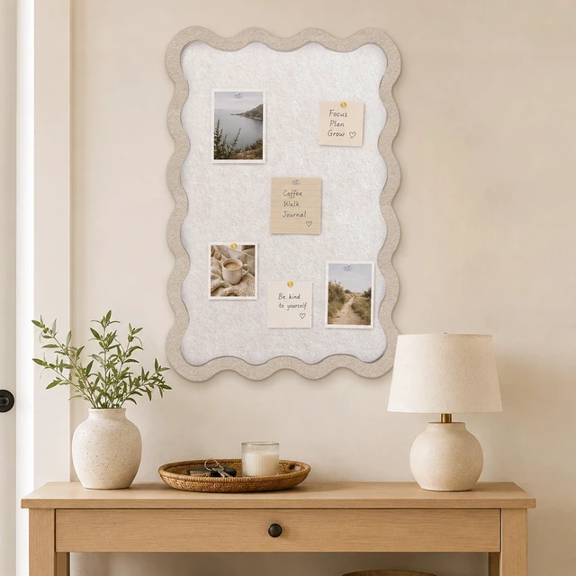 Alt view image 2 of 7 - Scalloped Felt Bulletin Board, 36" x 24" Felt Cork Board Alternative for Wall, Foldable Picture Self-Adhesive Boards with Pins Hooks, Vision Boards for Photo Display School Home Office, Oatmeal