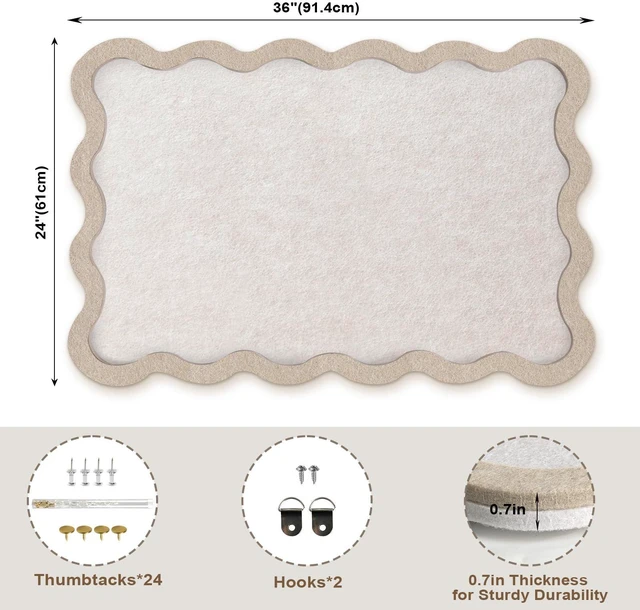 Alt view image 3 of 7 - Scalloped Felt Bulletin Board, 36" x 24" Felt Cork Board Alternative for Wall, Foldable Picture Self-Adhesive Boards with Pins Hooks, Vision Boards for Photo Display School Home Office, Oatmeal