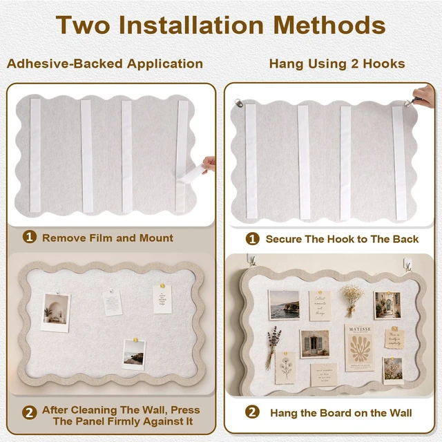 Alt view image 4 of 7 - Scalloped Felt Bulletin Board, 36" x 24" Felt Cork Board Alternative for Wall, Foldable Picture Self-Adhesive Boards with Pins Hooks, Vision Boards for Photo Display School Home Office, Oatmeal