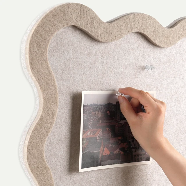 Alt view image 5 of 7 - Scalloped Felt Bulletin Board, 36" x 24" Felt Cork Board Alternative for Wall, Foldable Picture Self-Adhesive Boards with Pins Hooks, Vision Boards for Photo Display School Home Office, Oatmeal