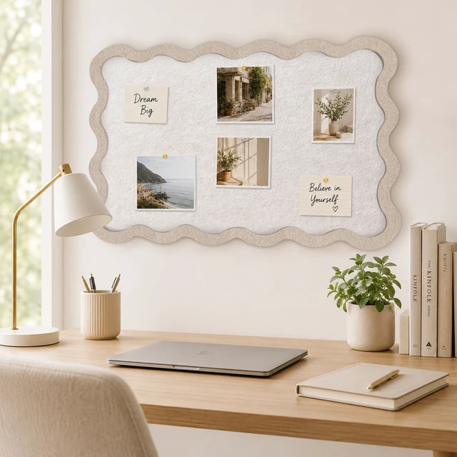 Alt view image 6 of 7 - Scalloped Felt Bulletin Board, 36" x 24" Felt Cork Board Alternative for Wall, Foldable Picture Self-Adhesive Boards with Pins Hooks, Vision Boards for Photo Display School Home Office, Oatmeal
