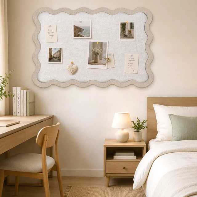 Alt view image 7 of 7 - Scalloped Felt Bulletin Board, 36" x 24" Felt Cork Board Alternative for Wall, Foldable Picture Self-Adhesive Boards with Pins Hooks, Vision Boards for Photo Display School Home Office, Oatmeal