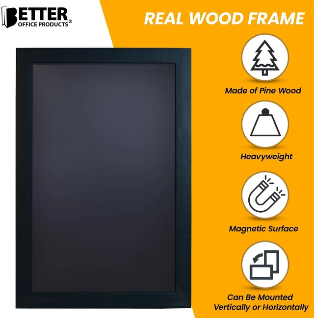 Alt view image 2 of 7 - Magnetic Wall Chalkboard, Extra Large Size 20" x 30", Wood Frame, Chalkboard Sign, Vertical or Horizontal Wall Mount, Includes 4 Chalk Markers, Chalk & Eraser, by (Solid Black)