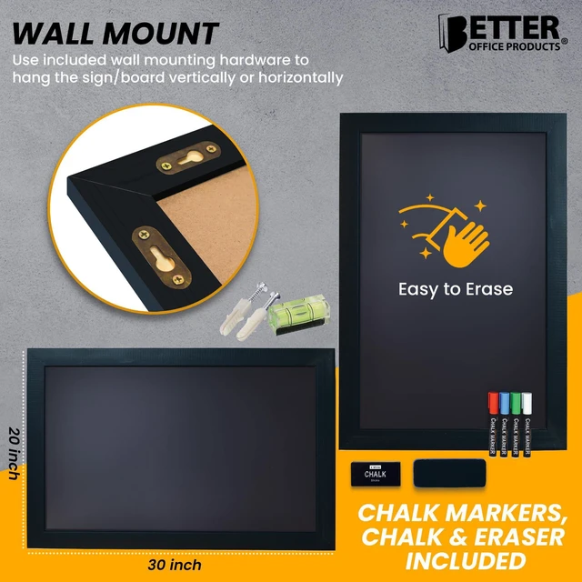 Alt view image 3 of 7 - Magnetic Wall Chalkboard, Extra Large Size 20" x 30", Wood Frame, Chalkboard Sign, Vertical or Horizontal Wall Mount, Includes 4 Chalk Markers, Chalk & Eraser, by (Solid Black)