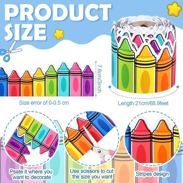 Alt view image 2 of 6 - 69 Feet Crayon Bulletin Board Border Back to School Crayon Bulletin Board Die Cut Scalloped Trim, Crayon Theme for Classroom Decor, Chalkboard Wall Border, Vibrant Colors, Teacher Supplies