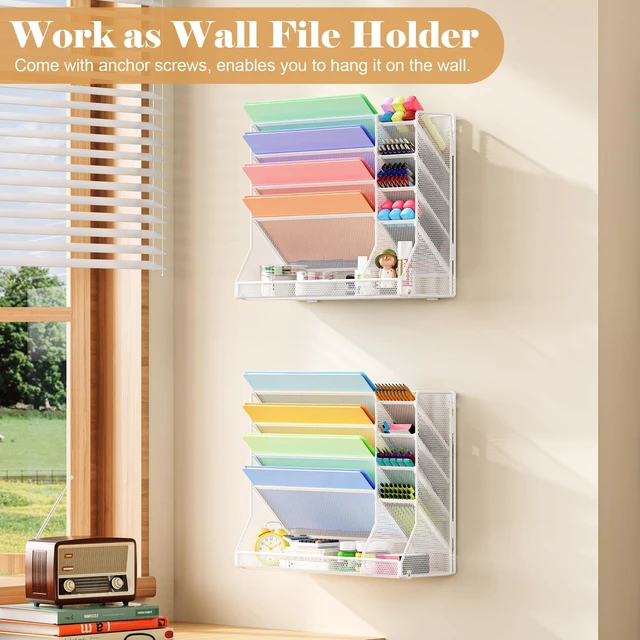 Alt view image 4 of 7 - Adjustable 5 Tiers Wall File Organizer Metal Hanging Holder White 5 tiers desk paper organizer, folder holder wall mount, mail organizer for home office, hanging document tray