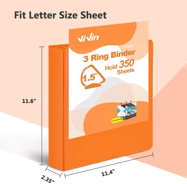 Alt view image 2 of 7 - Sturdy 1.5 Inch 3 Ring Binder with 2 Pockets, 6 Pack, Orange Slant-D Ring Binder, PVC-Free, Customizable Clear View Binder,Holds 350 Sheets of 8.5" x 11" Paper for Office, Home, School