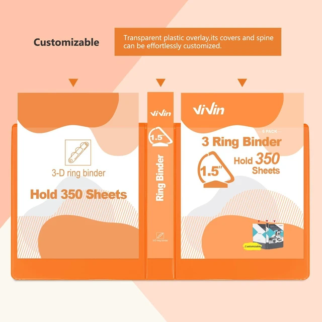 Alt view image 4 of 7 - Sturdy 1.5 Inch 3 Ring Binder with 2 Pockets, 6 Pack, Orange Slant-D Ring Binder, PVC-Free, Customizable Clear View Binder,Holds 350 Sheets of 8.5" x 11" Paper for Office, Home, School