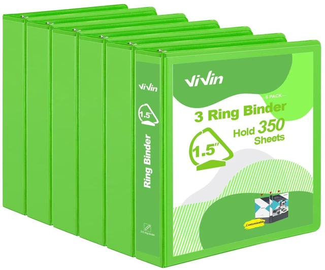 Main image of Sturdy 1.5 Inch 3 Ring Binder with 2 Pockets, 6 Pack, Ivy Green Slant-D Ring Binder, PVC-Free, Customizable Clear View Binder,Holds 350 Sheets of 8.5" x 11" Paper for Office, Home, School