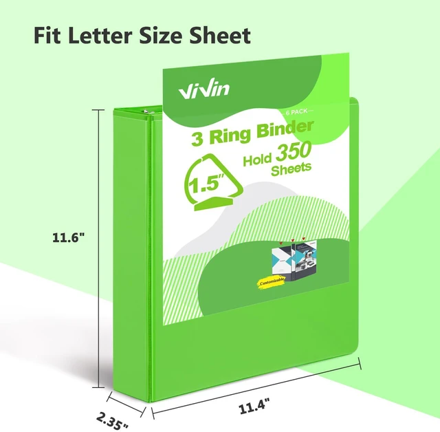 Alt view image 2 of 7 - Sturdy 1.5 Inch 3 Ring Binder with 2 Pockets, 6 Pack, Ivy Green Slant-D Ring Binder, PVC-Free, Customizable Clear View Binder,Holds 350 Sheets of 8.5" x 11" Paper for Office, Home, School