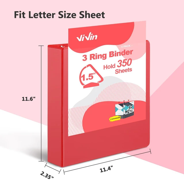 Alt view image 2 of 7 - Sturdy 1.5 Inch 3 Ring Binder with 2 Pockets, 6 Pack, Red Slant-D Ring Binder, PVC-Free, Customizable Clear View Binder,Holds 350 Sheets of 8.5" x 11" Paper, 2 Interior Pockets