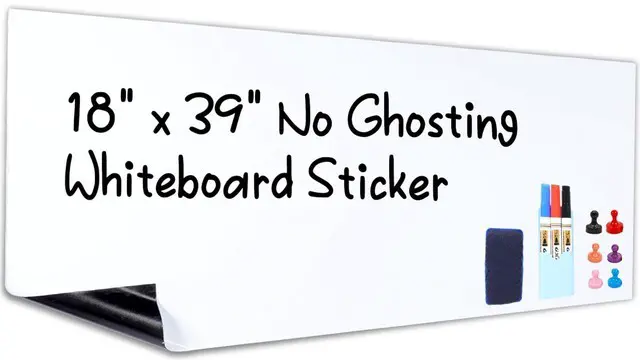 Main image of White Board Dry Erase, 18" x 39" Self-Adhesive Sticker, No Ghosting Transform Any Wall into Dry Erase Surface, Peel and Stick, Attach Magnets to Hold Notes, Includes Markers, Eraser and Magnets