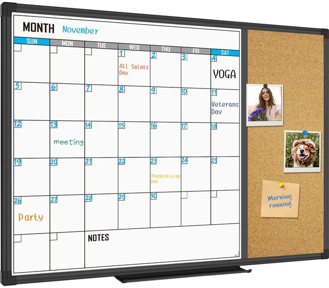 Main image of XBoard Dry Erase Calendar Whiteboard 28 X 20 - Combo White Board Calendar Monthly, Magnetic White Board + Corkboard with Black Aluminum Frame