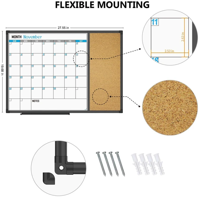 Alt view image 3 of 7 - XBoard Dry Erase Calendar Whiteboard 28 X 20 - Combo White Board Calendar Monthly, Magnetic White Board + Corkboard with Black Aluminum Frame