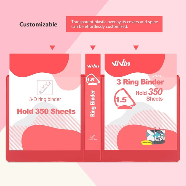 Alt view image 5 of 7 - Sturdy 1.5 Inch 3 Ring Binder with 2 Pockets, 6 Pack, Red Slant-D Ring Binder, PVC-Free, Customizable Clear View Binder,Holds 350 Sheets of 8.5" x 11" Paper, 2 Interior Pockets