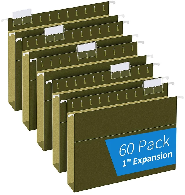Main image of Extra Capacity Hanging File Folders, 60 Pack Letter Size Reinforced Hanging Folders with Heavy Duty 1 Inch Expansion for Bulky Files, Filing Cabinet, Adjustable Tabs, Green
